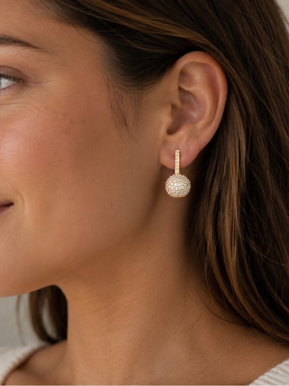 Lumineux LGD Diamond Gold Tone Silver Pave Ball Drop Earrings